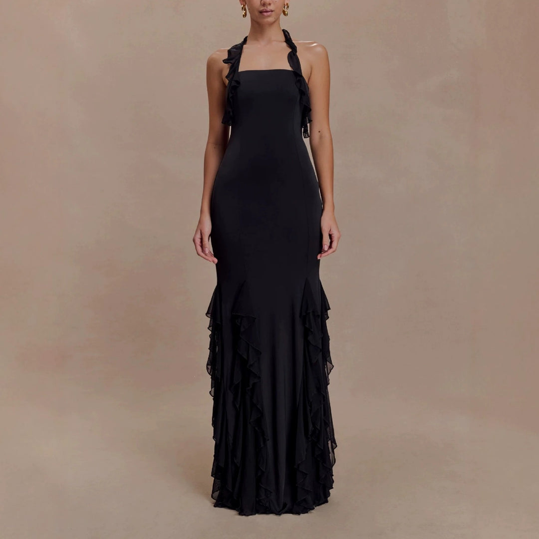 Damen Elegantes Langarm-Maxikleid mit Rüschendetails Drune