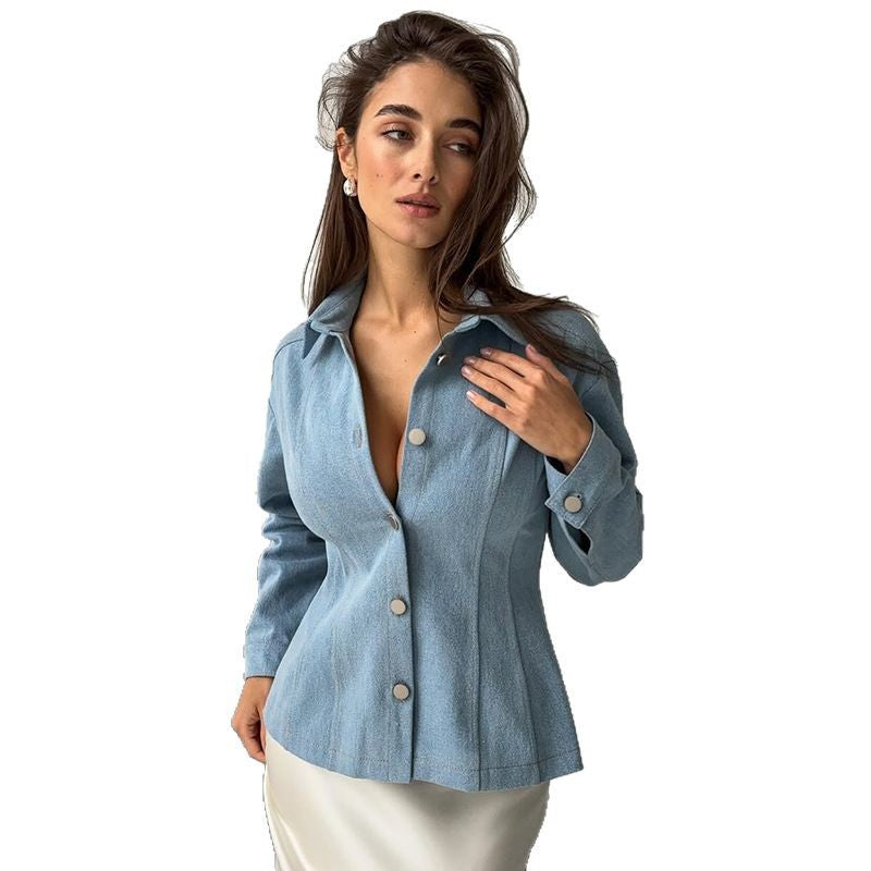 Damen taillierte Jeansbluse mit Knopfdetails Drune