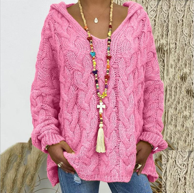 Damen nan oversized Kapuzenpullover mit Zopfmuster, tiefem V-Ausschnitt und seitlichen Schlitzen Drune