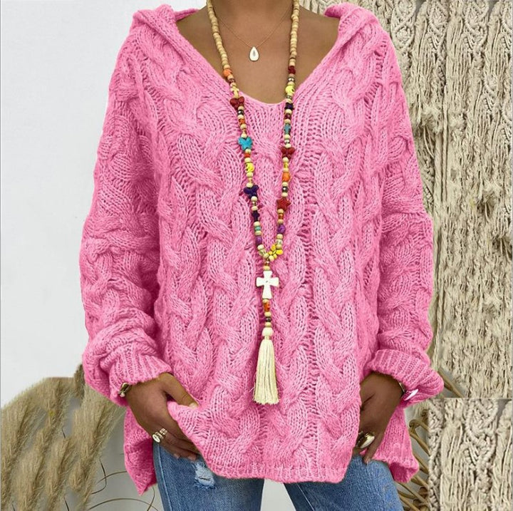 Damen nan oversized Kapuzenpullover mit Zopfmuster, tiefem V-Ausschnitt und seitlichen Schlitzen Drune