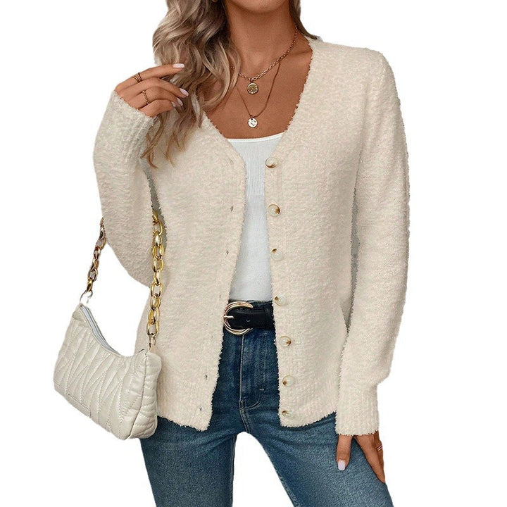 Damen lässige Strickjacke aus flauschigem Material mit goldenen Knöpfen Drune