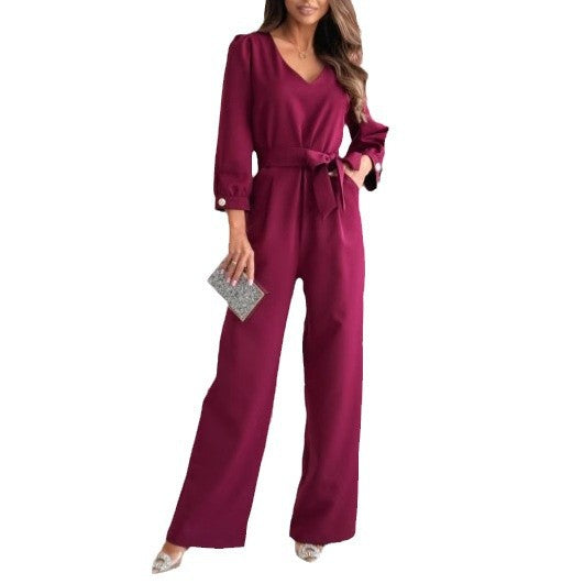 Damen Eleganter Jumpsuit mit Taillengürtel und weitem Bein Drune