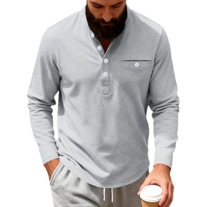 Herren nan langärmeliges Henley-Shirt mit Stehkragen, Brusttasche und dekorativer Knopfleiste Drune