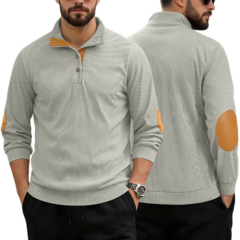 Herren nan lässiger Strukturpullover mit Polokragen, kurzer Knopfleiste und veganen Lederbesätzen Drune