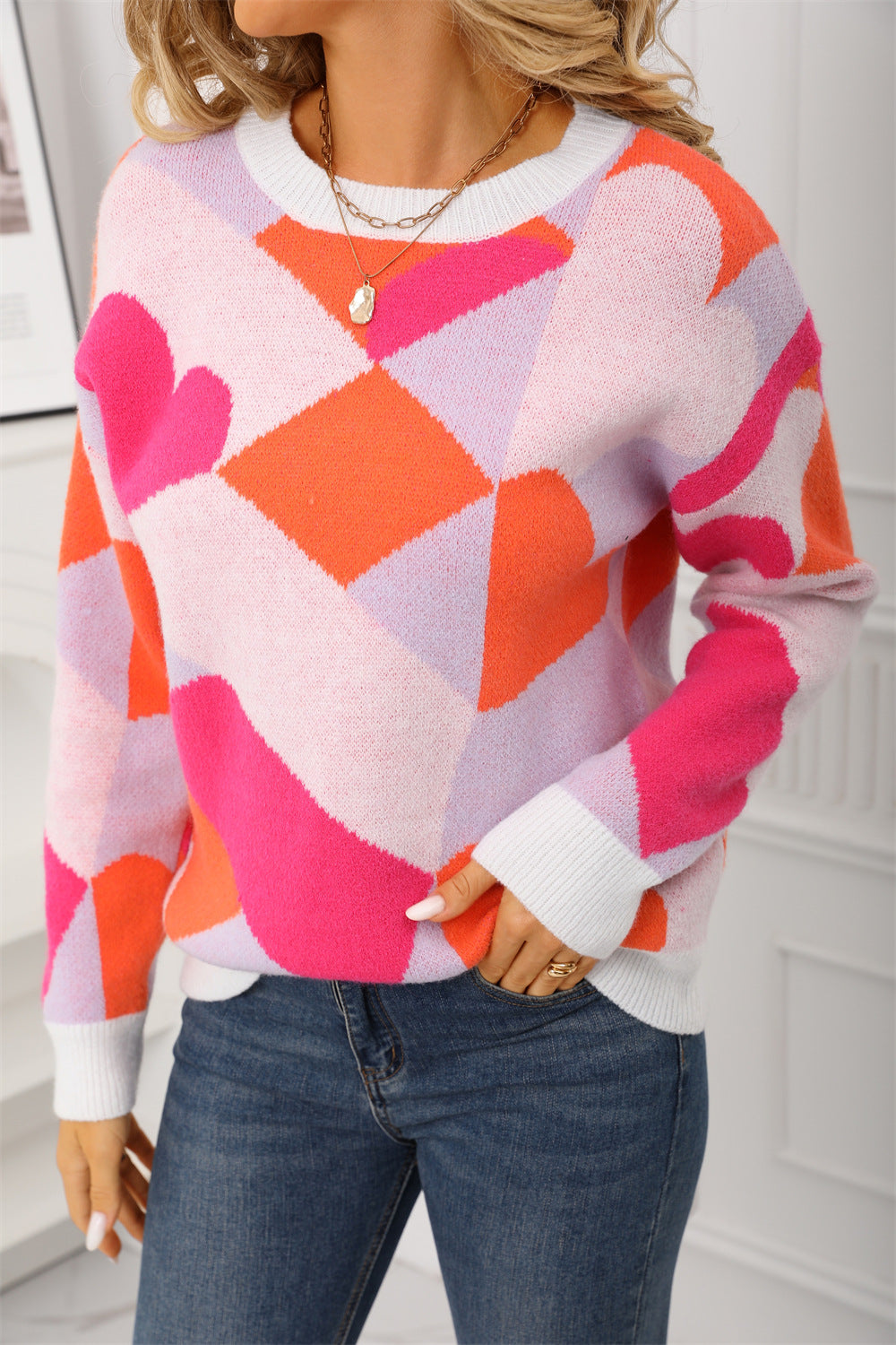 Damen modischer Pullover im kreativen geometrischen Muster Drune
