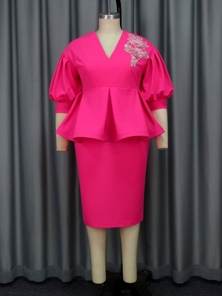 Damen elegantes A-Linien Kleid mit modischen Puffärmeln und floralem Akzent Drune