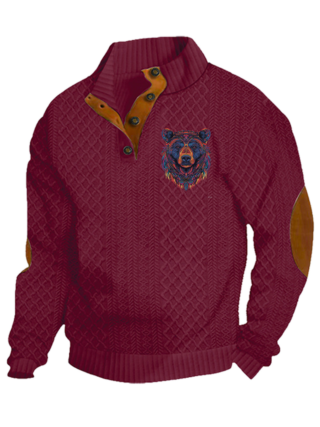 Herren nan Heritage-Strukturpullover mit Stehkragen Lederimitat-Besatz Ellenbogen-Patches und Halbknopfleiste Drune
