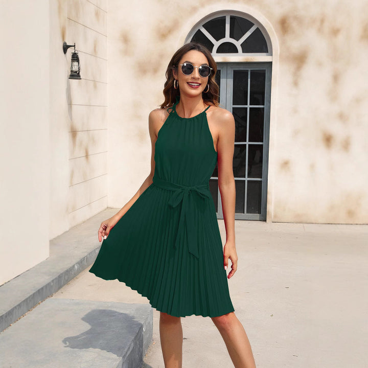Damen Plissiertes Sommerkleid mit tailliertem Gürtel und Halterneck Drune