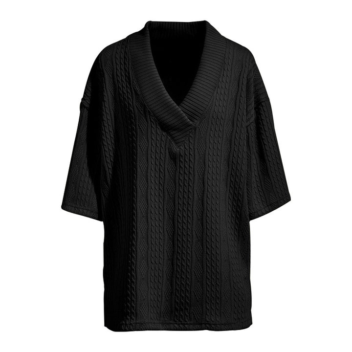 Damen nan weiter Kurzarm-Strickpullover mit Schalkragen und Zopfmuster Drune