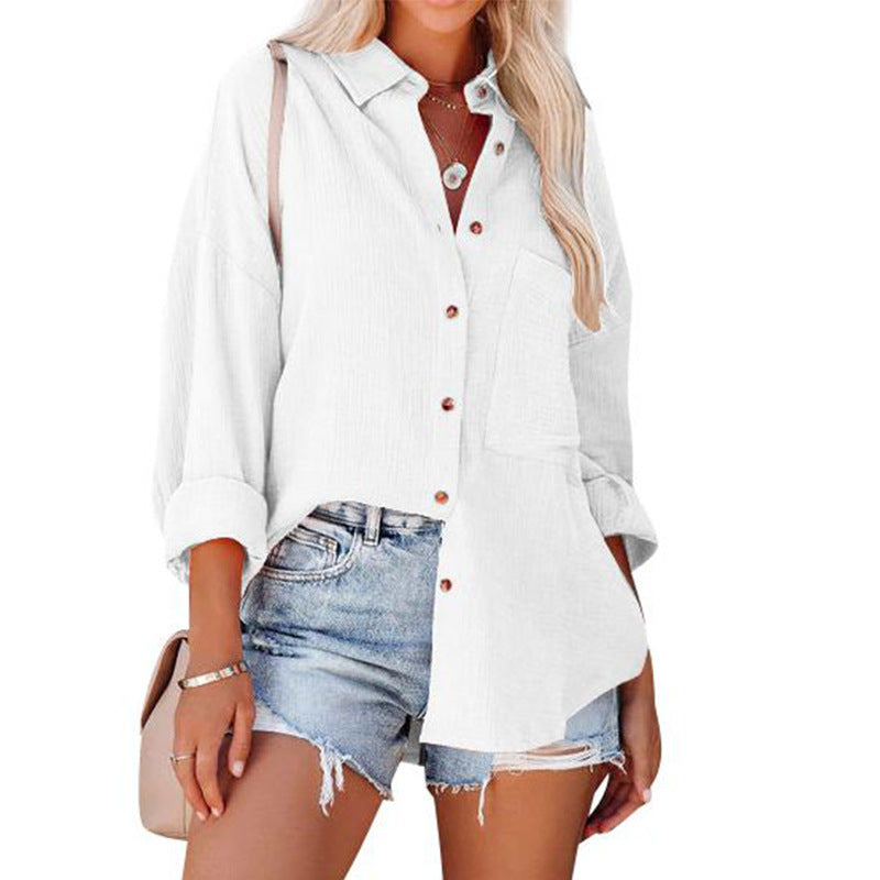 Damen lässige Bluse im Oversized Schnitt mit Knopfleiste und praktischen Taschen Drune