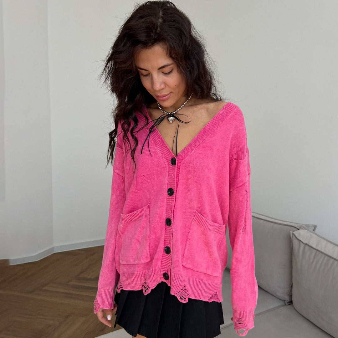 Damen lässige Strickjacke mit modischem V-Ausschnitt und kreativen Cut-Out-Details Drune