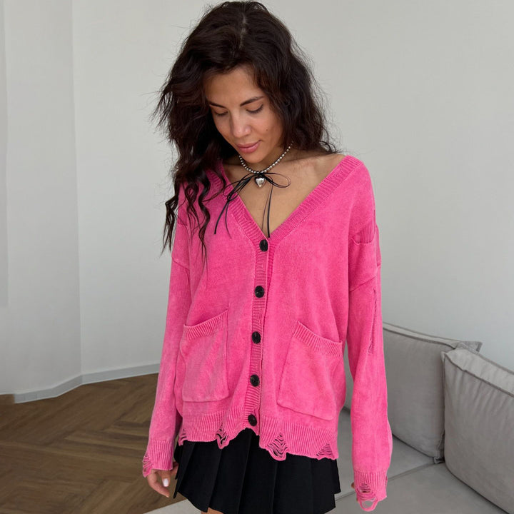 Damen lässige Strickjacke mit modischem V-Ausschnitt und kreativen Cut-Out-Details Drune