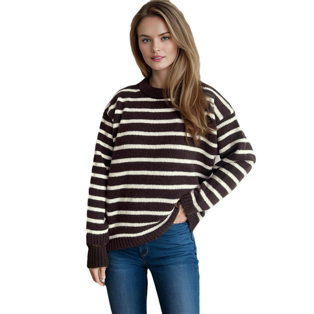 Damen lässiger Strickpullover mit breiten Streifen und lockerer Passform Drune