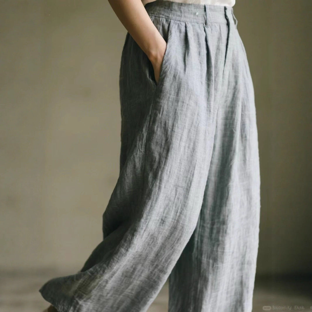 Damen weite Leinenhose mit eleganter Bundfalte und Taschen Drune