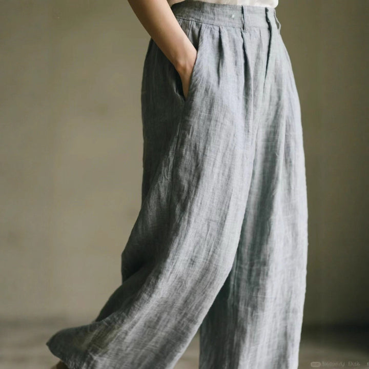 Damen weite Leinenhose mit eleganter Bundfalte und Taschen Drune
