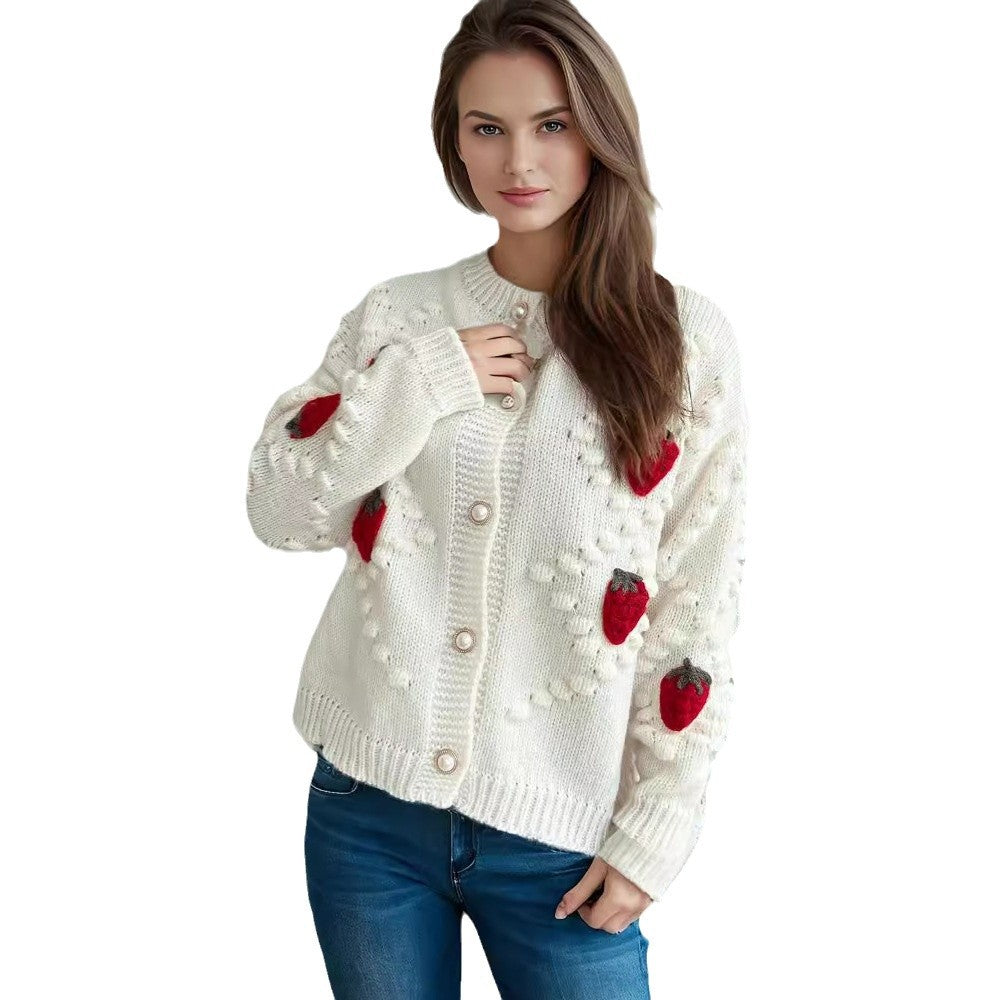 Damen Strickjacke mit verspieltem Erdbeermotiv und Knopfdetails Drune