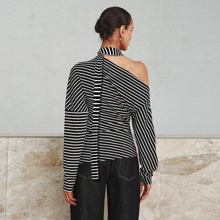 Damen asymmetrisches Langarmshirt mit modischen Streifen und Neckholder Drune