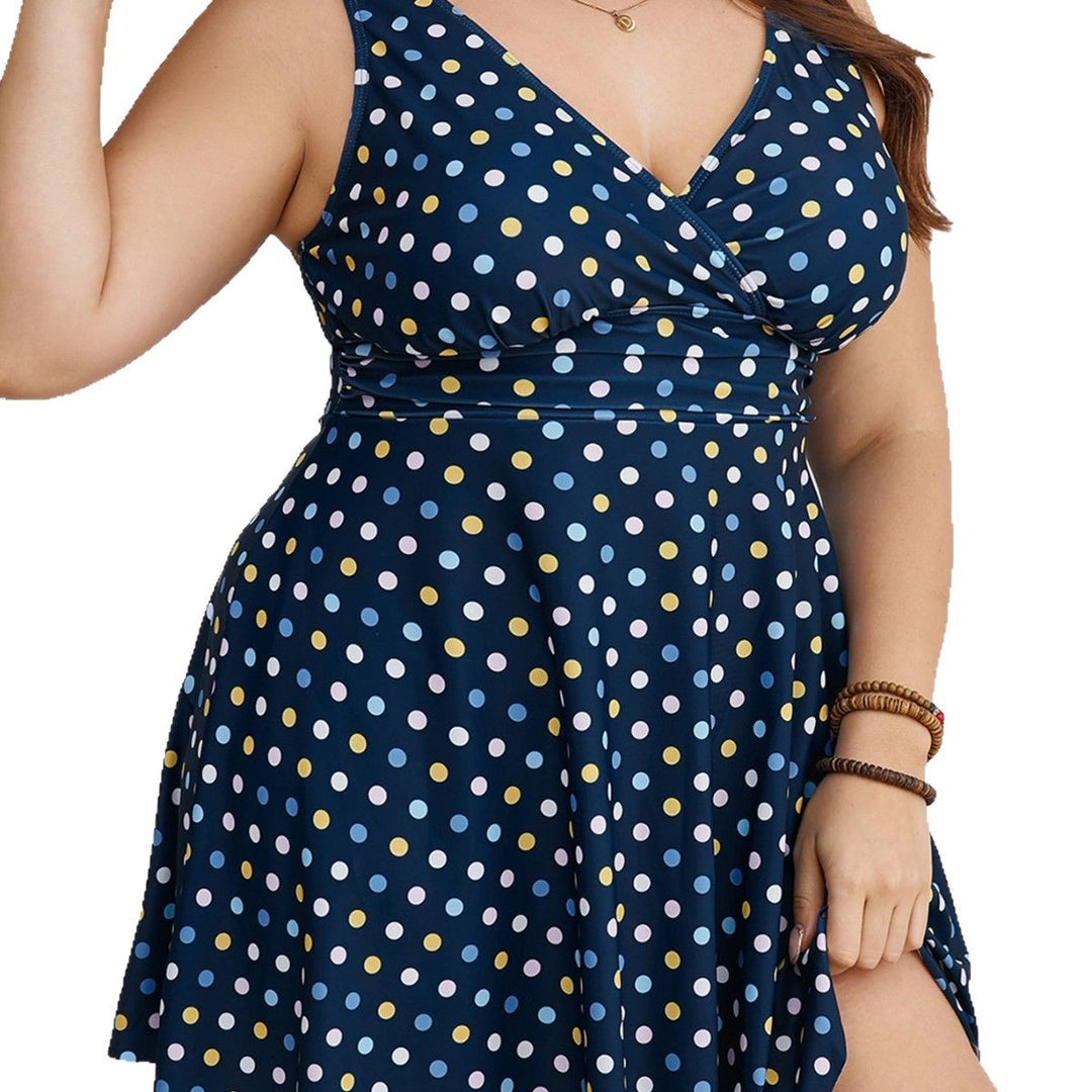 Damen Badesommerkleid mit modischem V-Ausschnitt und gepunktetem Design Drune