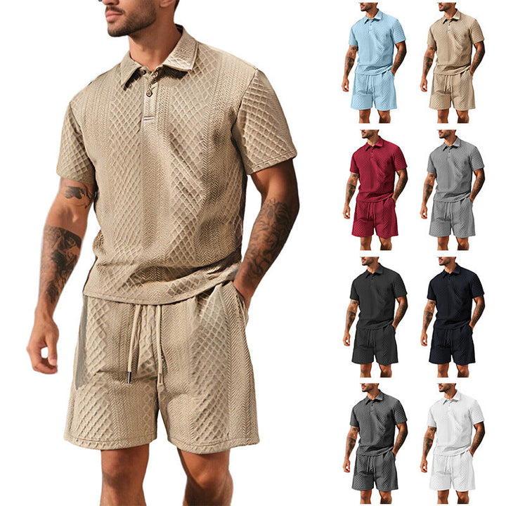 Herren nan eleganter Freizeit-Zweiteiler aus geprägtem Strick mit Polokragen Kurzarmshirt und Tunnelzug-Bermuda Drune
