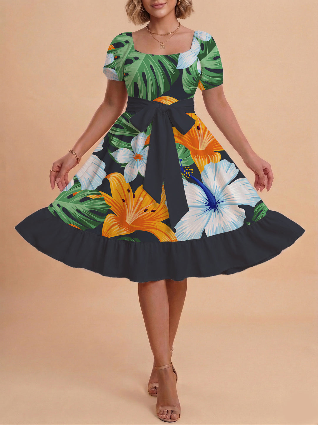 Damen A-Linien-Kleid mit floralen Motiven und taillierbarem Gürtel Drune