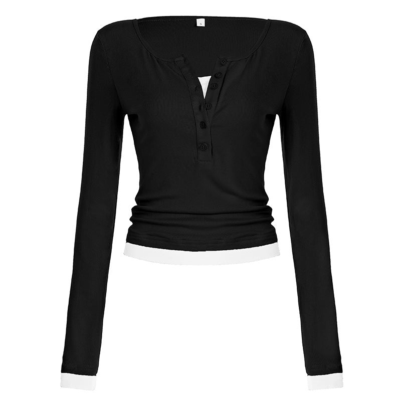 Damen nan tailliertes Henley-Crop-Longsleeve mit kontrastierenden Saum- und Ärmelbündchen Drune