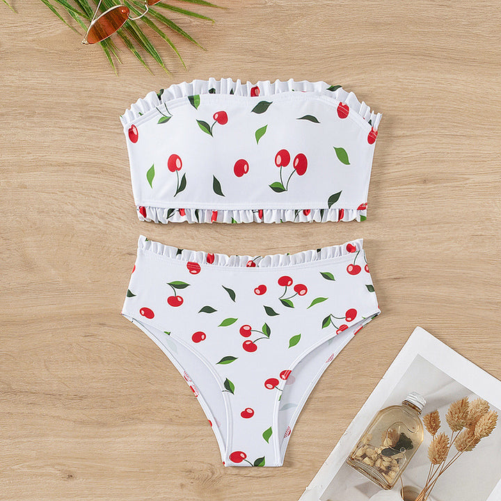Damen Bandeau-Bikini mit fröhlichem Kirschmuster und eleganter Rüsche Drune