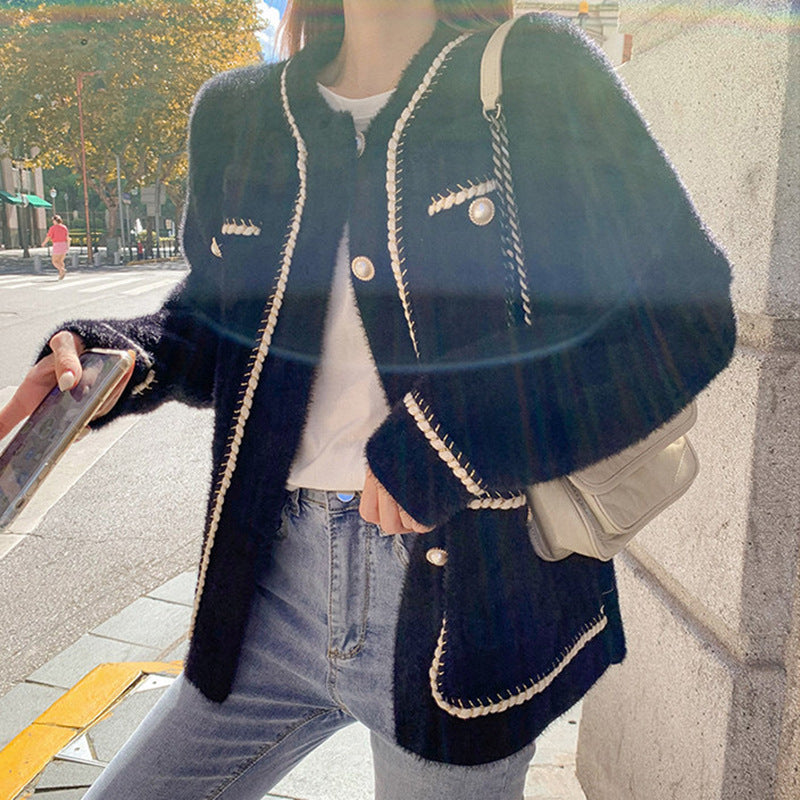 Damen modische Strickjacke mit eleganten Kontrastnähten und Knopfdetails Drune