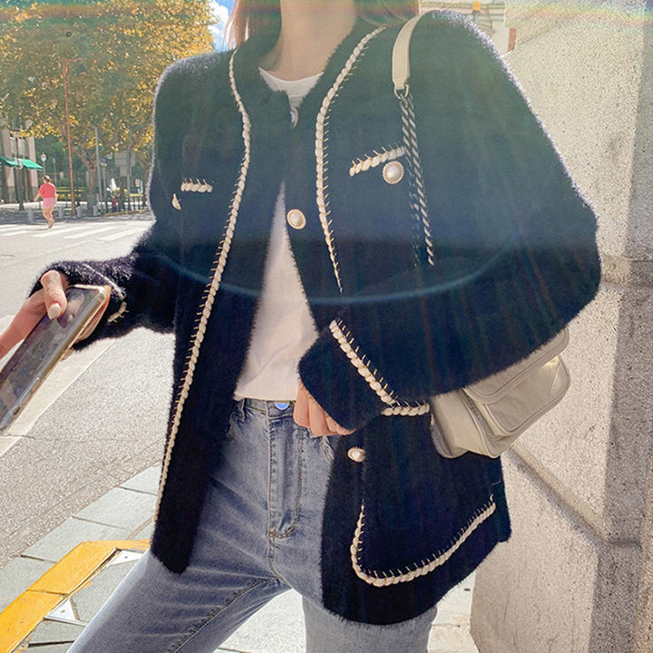 Damen modische Strickjacke mit eleganten Kontrastnähten und Knopfdetails Drune