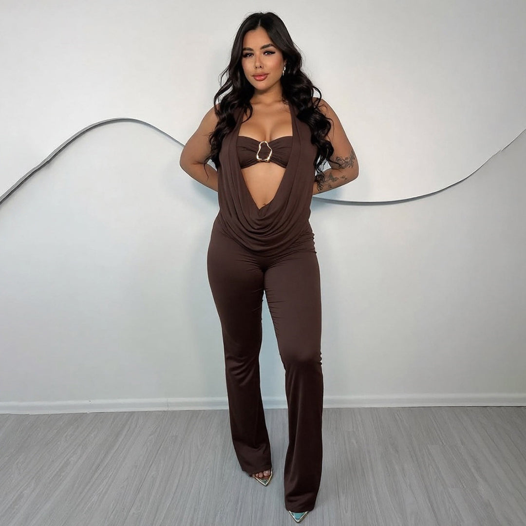Damen Eleganter Jumpsuit mit anpassbarem Ausschnitt und schickem Gürtel Drune