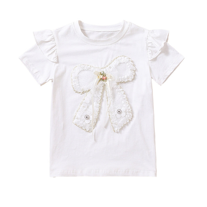 Mädchen T-Shirt mit romantischem Schleifenmotiv und Rüschendetails Drune