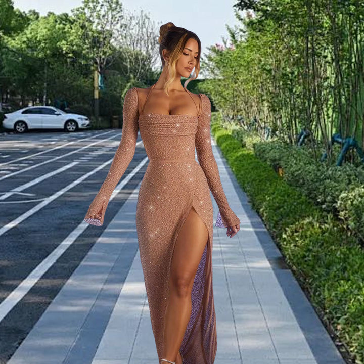 Damen Glamouröses Maxikleid mit schimmernden Details und seitlichem Schlitz Drune