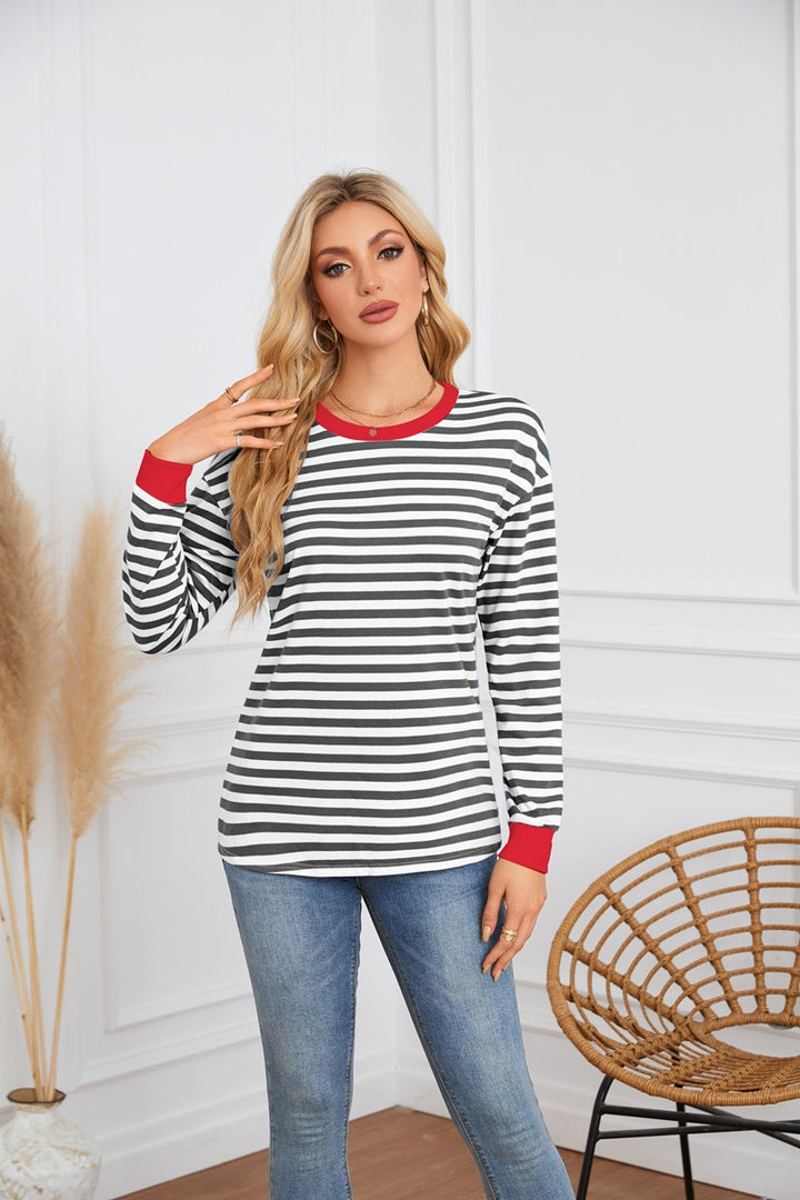 Damen gestreiftes Langarmshirt mit Rundhalsausschnitt Drune