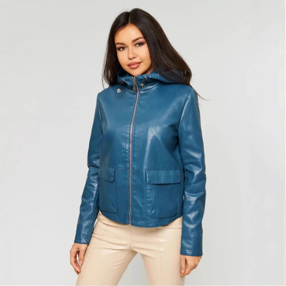 Damen Kunstlederjacke mit angeschnittenem Hoodie und praktischen Taschen Drune