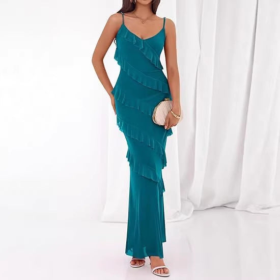 Damen Maxikleid mit Rüschen und Spaghettiträgern Drune