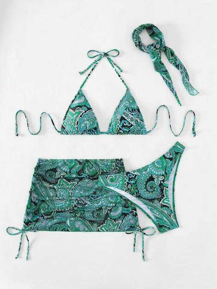 Damen Triangel-Bikini-Set mit elegantem Wickelrock und passendem Haarband Drune