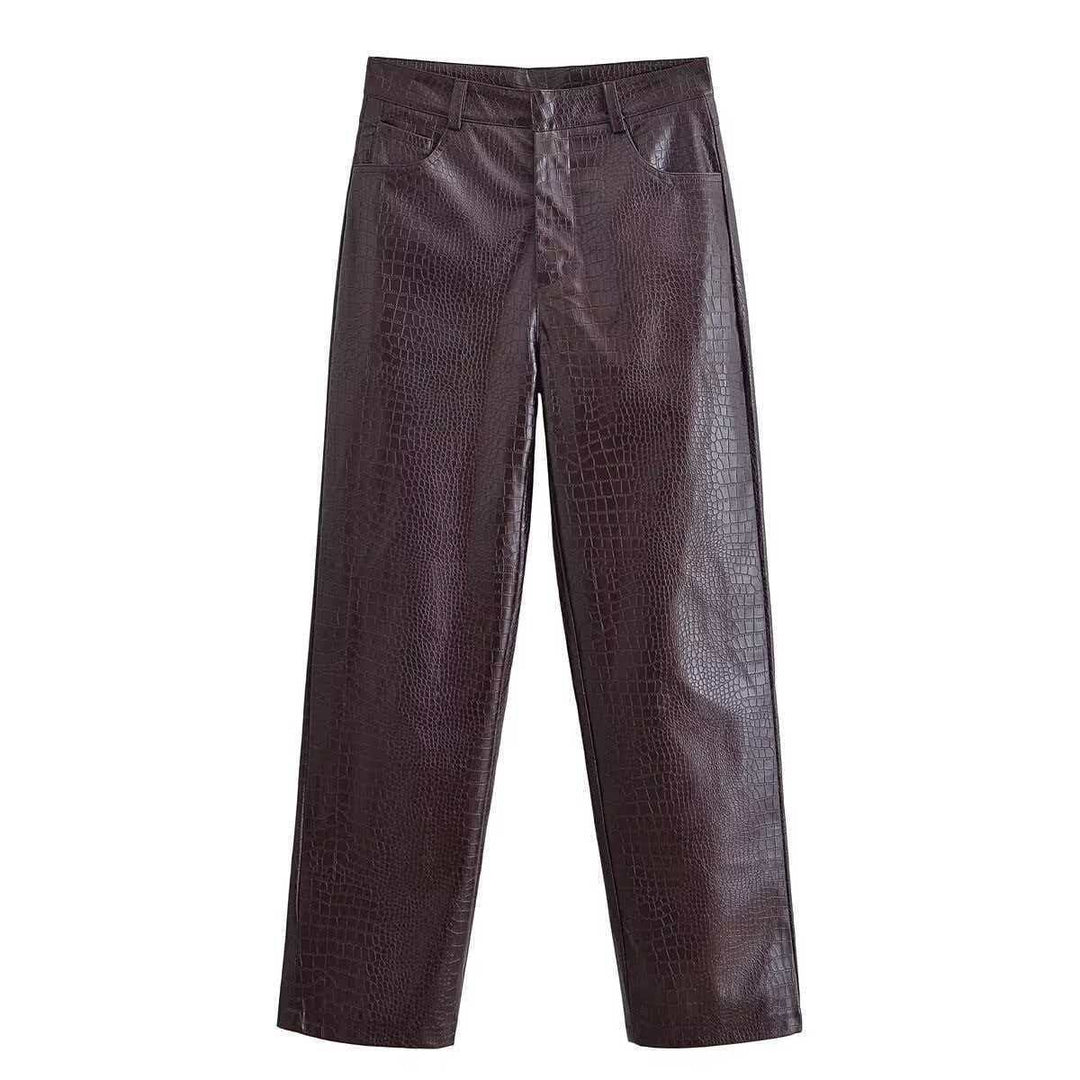 Damen nan gerade geschnittene Kunstlederhose mit Krokoprägung und hoher Taille Drune