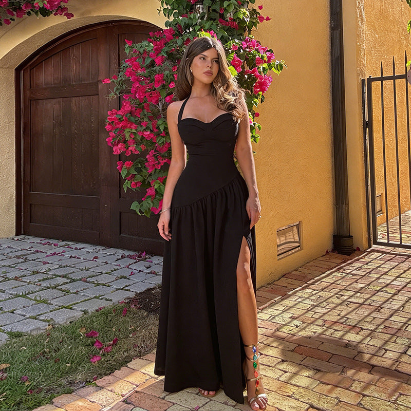 Damen schulterfreies Maxikleid mit raffiniertem Halterneck und fließendem Rock Drune