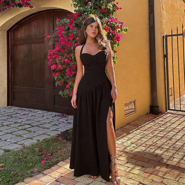 Damen schulterfreies Maxikleid mit raffiniertem Halterneck und fließendem Rock Drune
