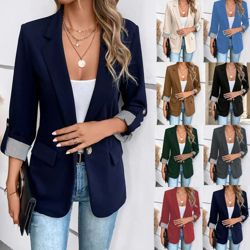 Damen nan taillierter dreiviertelarm Blazer mit Pattentaschen und umgeschlagenen Manschetten Drune