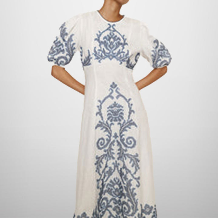 Damen Midikleid mit kunstvollem Stickmuster und voluminösen Ärmeln Drune