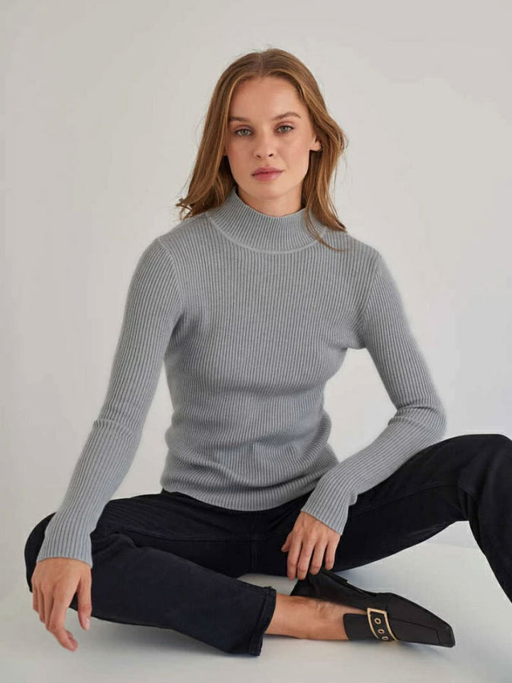 Damen Enganliegender Rippstrickpullover mit Stehkragen Drune