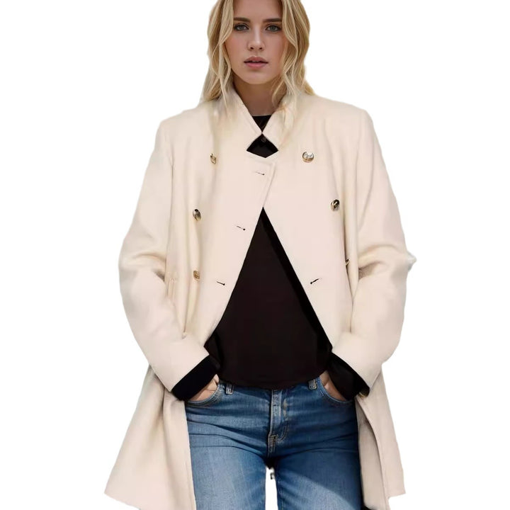 Damen modischer kurzer Mantel mit doppelter Knopfreihe und eleganter Stehkragen Drune