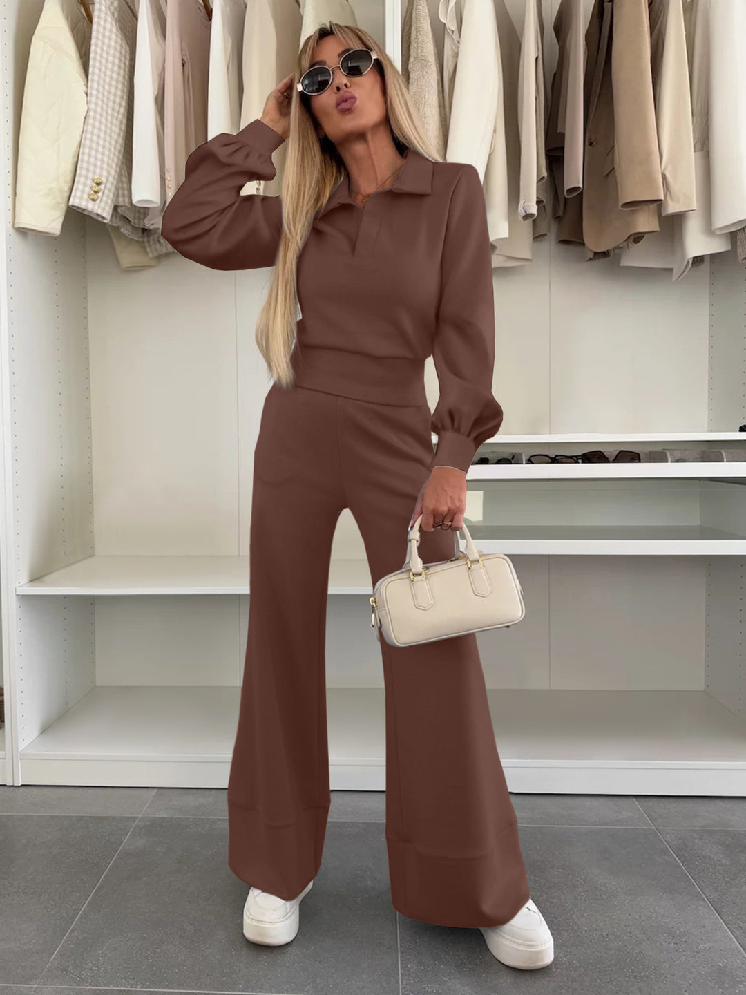 Damen Stylish und lässiger Jumpsuit mit weitem Bein und eleganten Ärmeln Drune