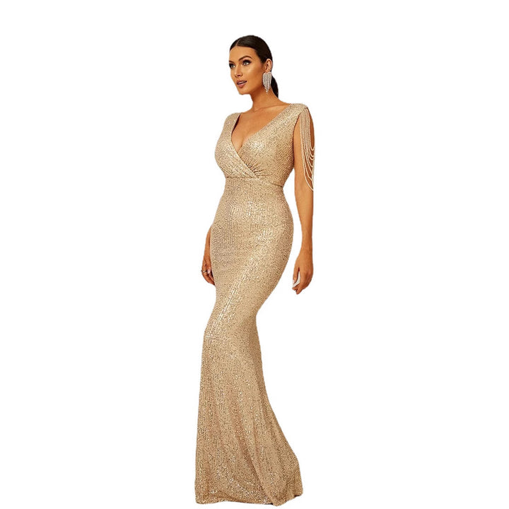Damen Glamouröses Abendkleid mit funkelnden Pailletten und schulterfreien Ärmeln Drune