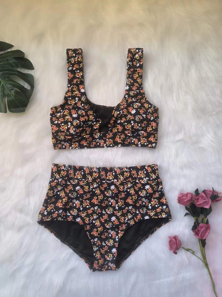 Damen Hochgeschnittenes Bikini-Set mit Blumenmuster Drune