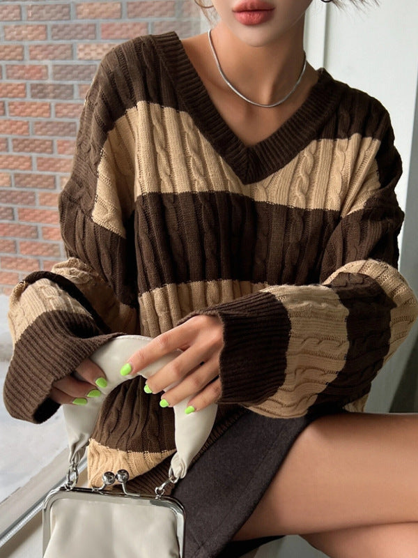 Damen Grobstrickpullover mit modischem V-Ausschnitt und buntem Streifenmuster Drune