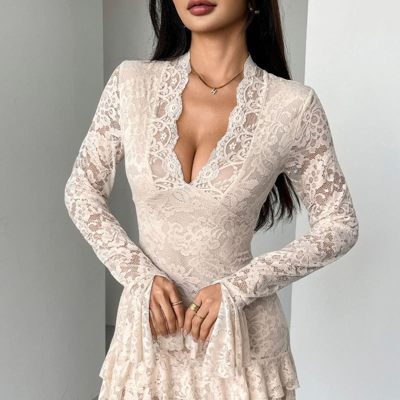 Damen Spitzenkleid mit Rüschendetails Drune