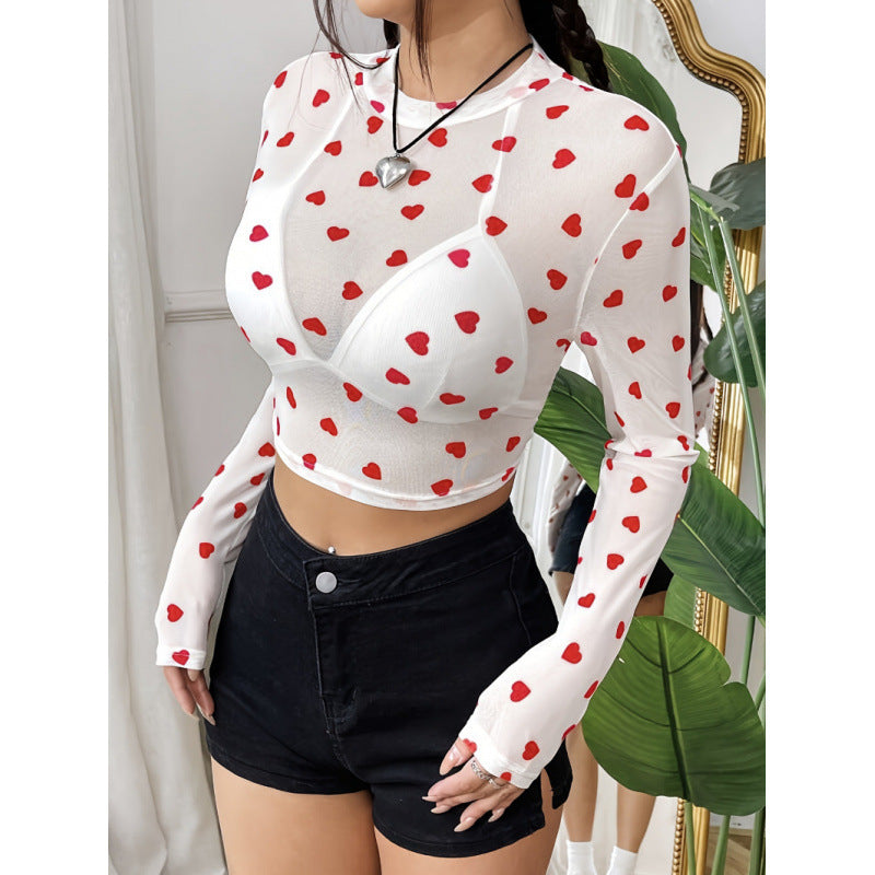 Damen Langärmliges Crop-Top mit Herzmuster und transparenter Anmutung Drune