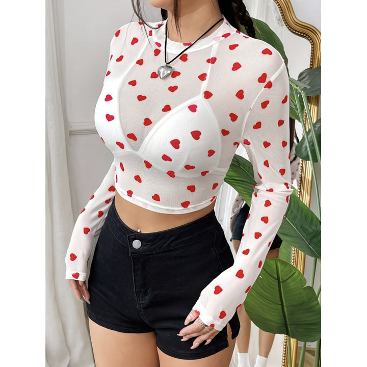 Damen Langärmliges Crop-Top mit Herzmuster und transparenter Anmutung Drune