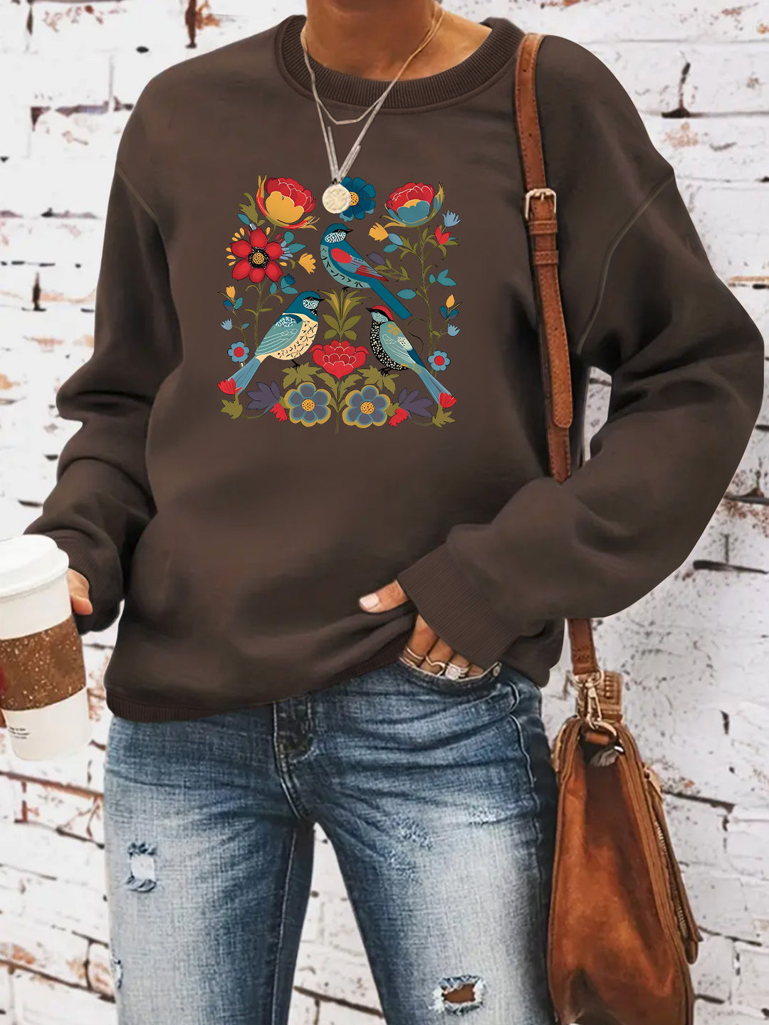 Damen Sweatshirt mit floralem Vogelmotiv und lässigem Schnitt Drune